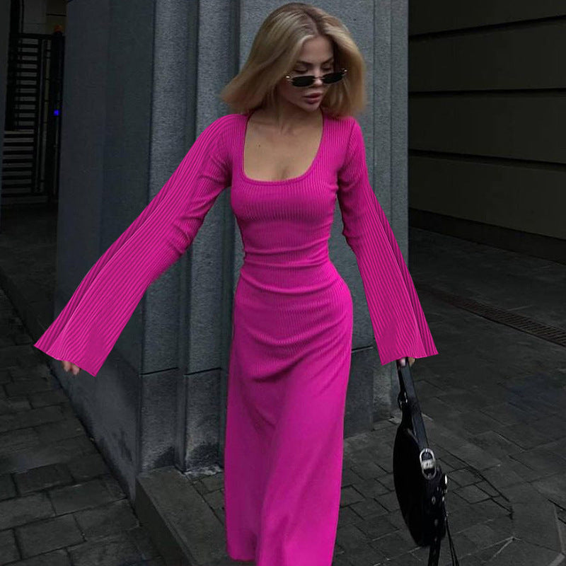 U-neck Dress Back Lace-up Long Bell Sleeve Dress