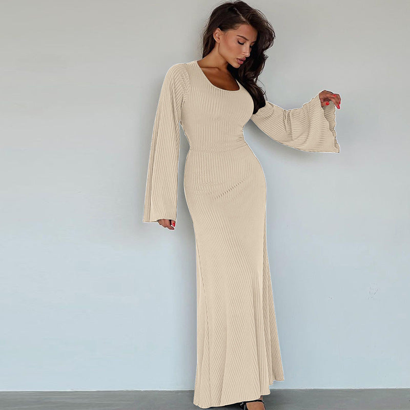 U-neck Dress Back Lace-up Long Bell Sleeve Dress