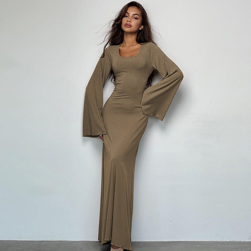 U-neck Dress Back Lace-up Long Bell Sleeve Dress
