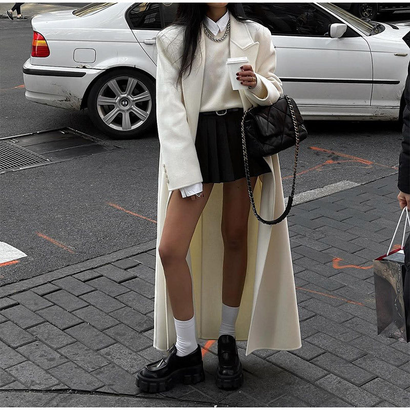 Double-sided Woolen White Draping Trench Coat