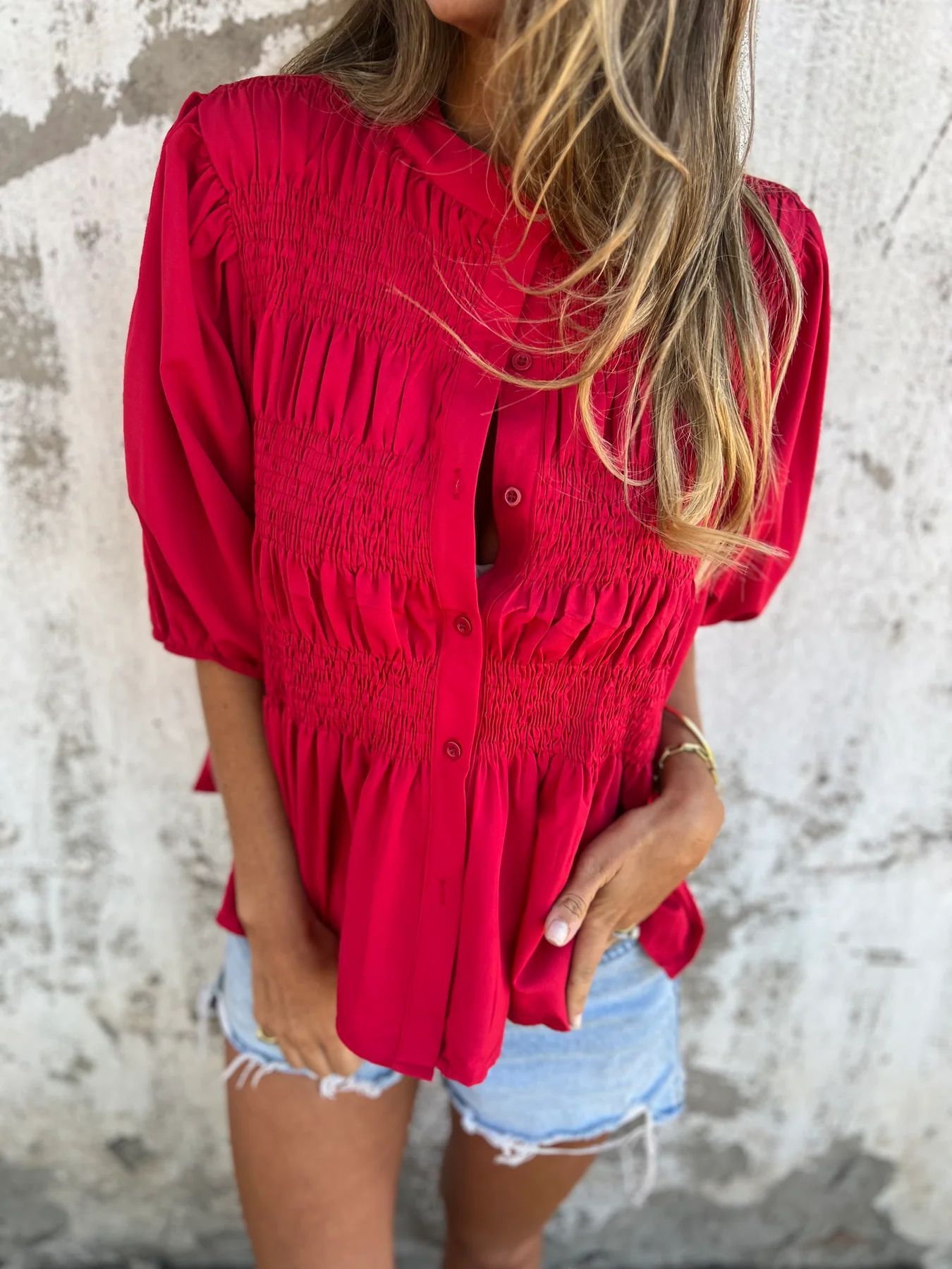 Pleated Button Short-sleeved top