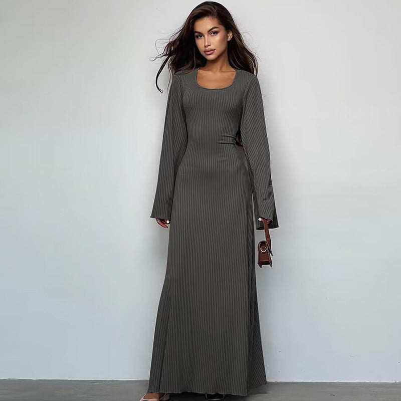U-neck Dress Back Lace-up Long Bell Sleeve Dress