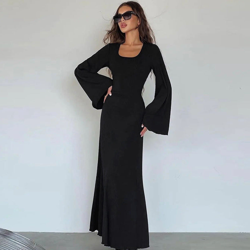 U-neck Dress Back Lace-up Long Bell Sleeve Dress