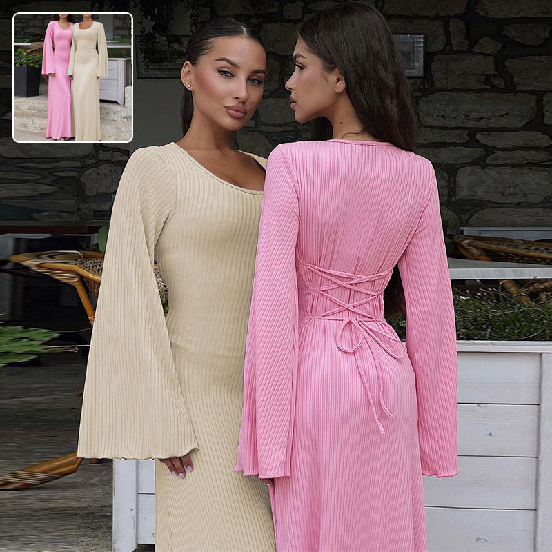 U-neck Dress Back Lace-up Long Bell Sleeve Dress